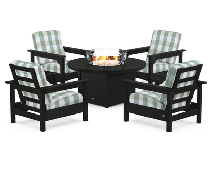 POLYWOOD® Club 5-Piece Conversation Set with Fire Pit Table in Black / Buffalo Plaid Glacier Spa