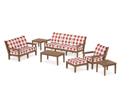 POLYWOOD® Chippendale 7-Piece Deep Seating Set in Teak / Buffalo Plaid Crimson