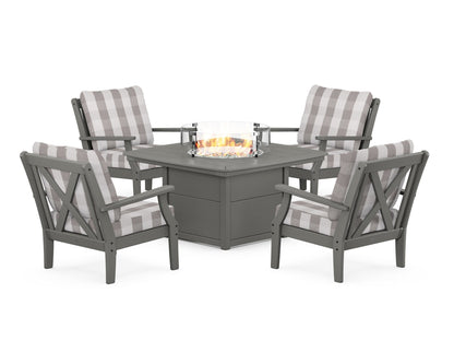 POLYWOOD® Braxton 5-Piece Deep Seating Conversation Set with Fire Pit Table in Slate Grey / Buffalo Plaid Grey Mist