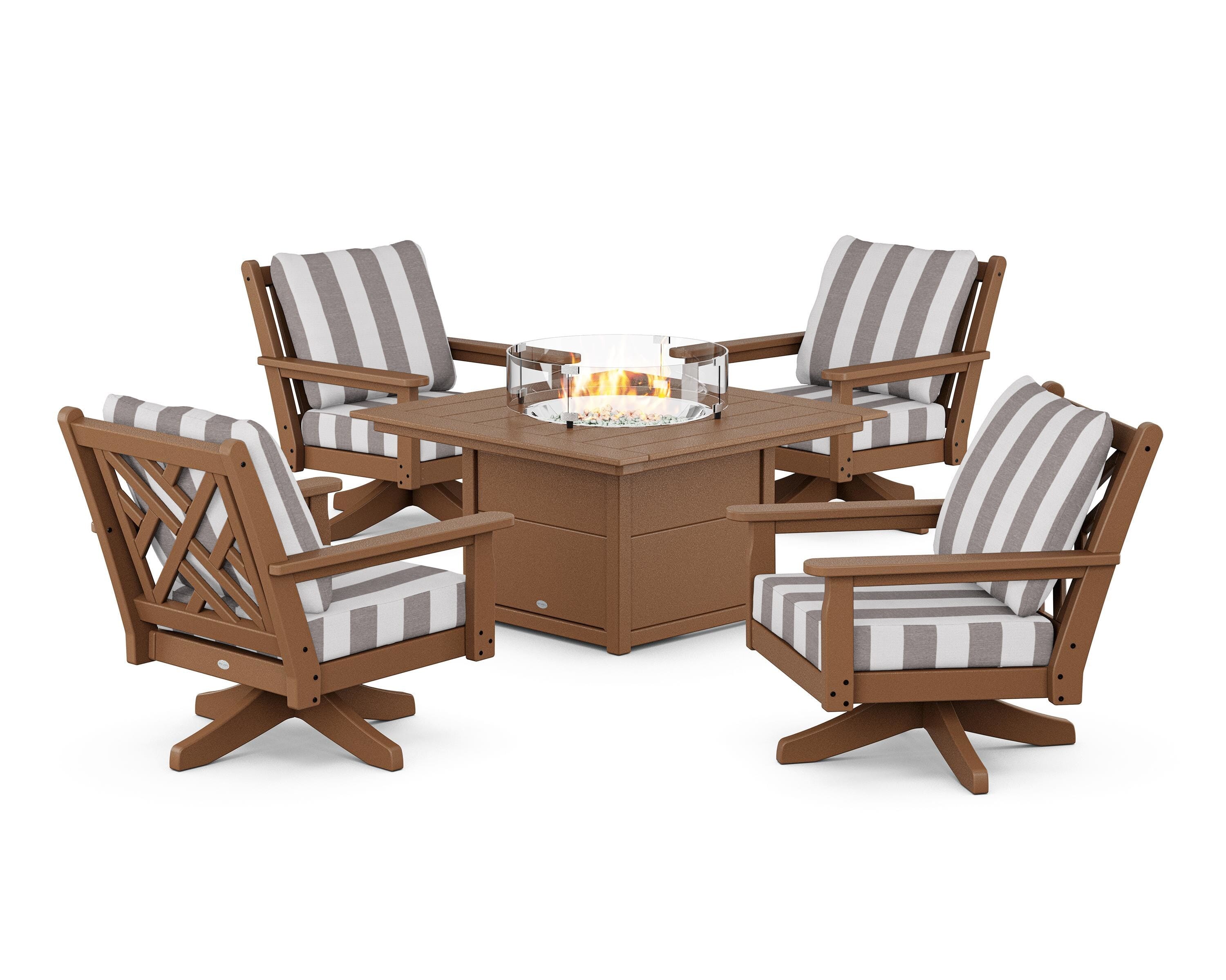 POLYWOOD® Chippendale 5-Piece Deep Seating Swivel Conversation Set with Fire Pit Table in Teak / Cabana Stripe Grey Mist