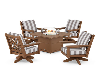 POLYWOOD® Chippendale 5-Piece Deep Seating Swivel Conversation Set with Fire Pit Table in Teak / Cabana Stripe Grey Mist