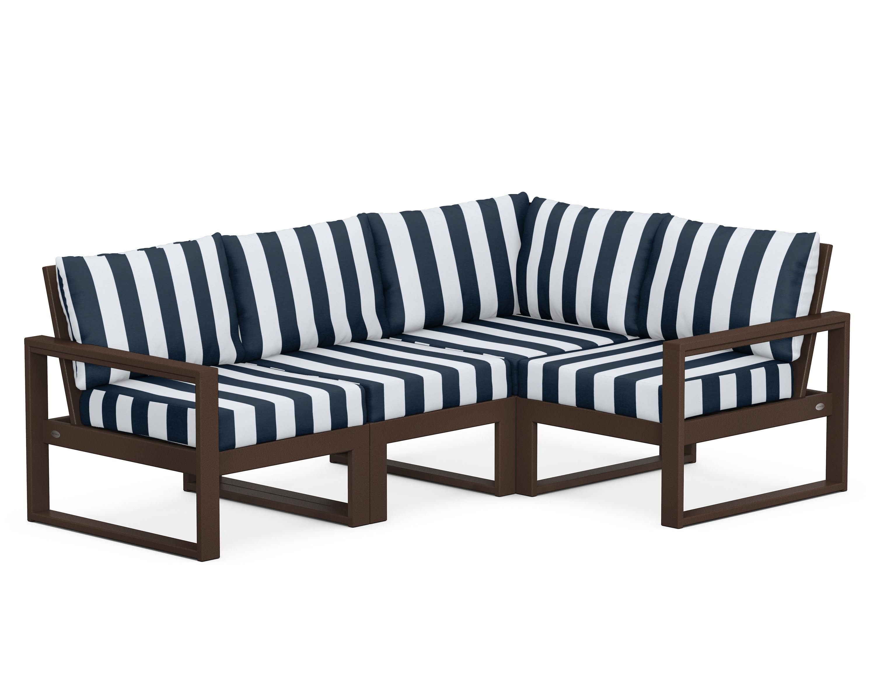 POLYWOOD® EDGE 4-Piece Modular Deep Seating Set in Mahogany / Cabana Stripe Marine Indigo