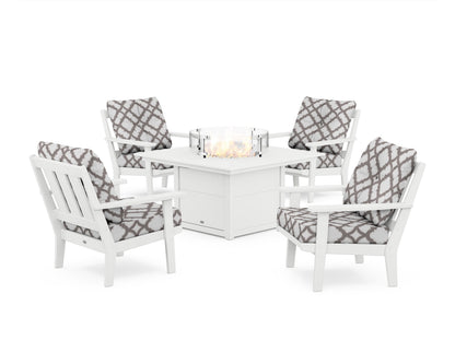 POLYWOOD® Oxford 5-Piece Deep Seating Set with Fire Pit Table in White / Trellis Grey Mist