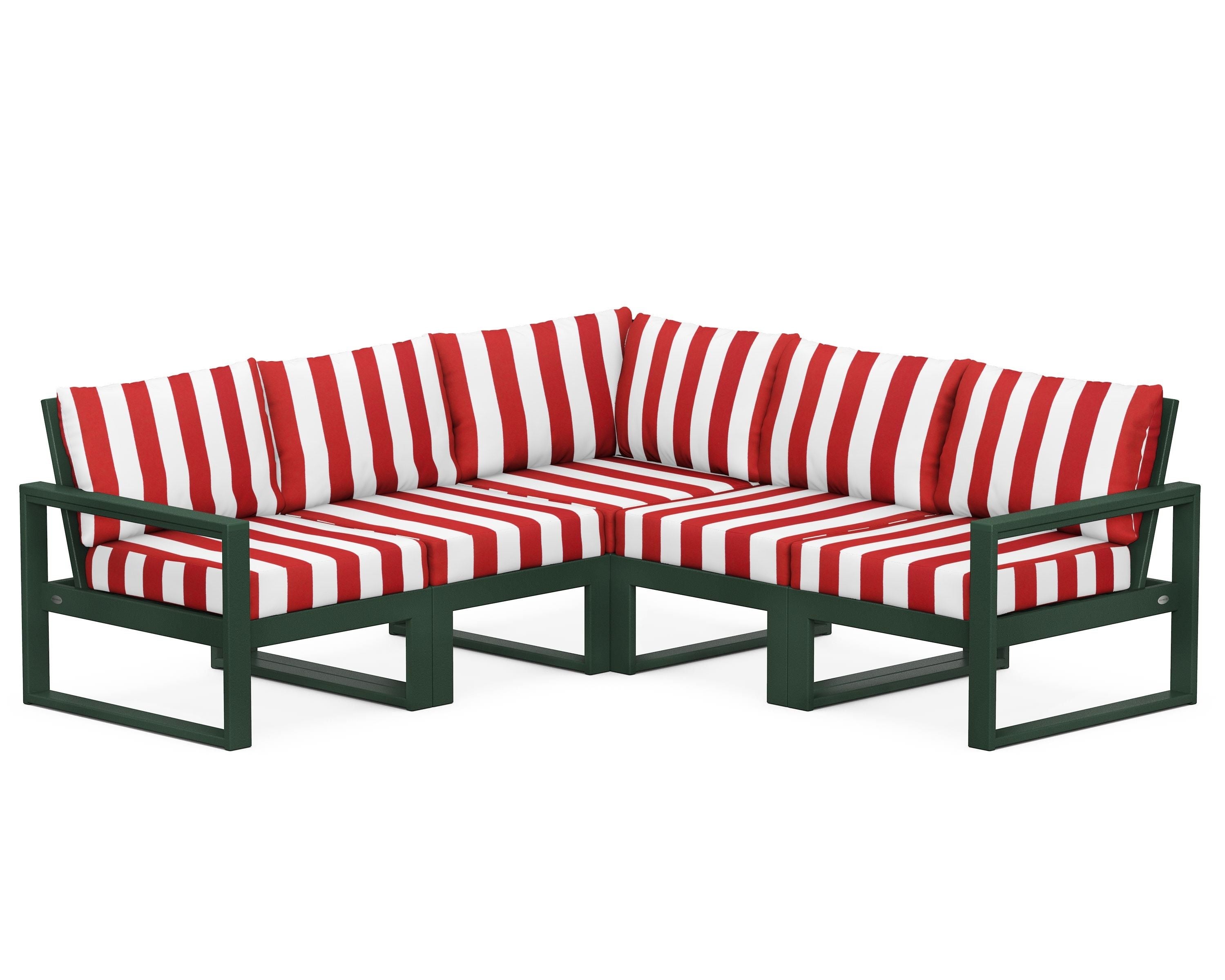 POLYWOOD® EDGE 5-Piece Modular Deep Seating Set in Green / Cabana Stripe Crimson