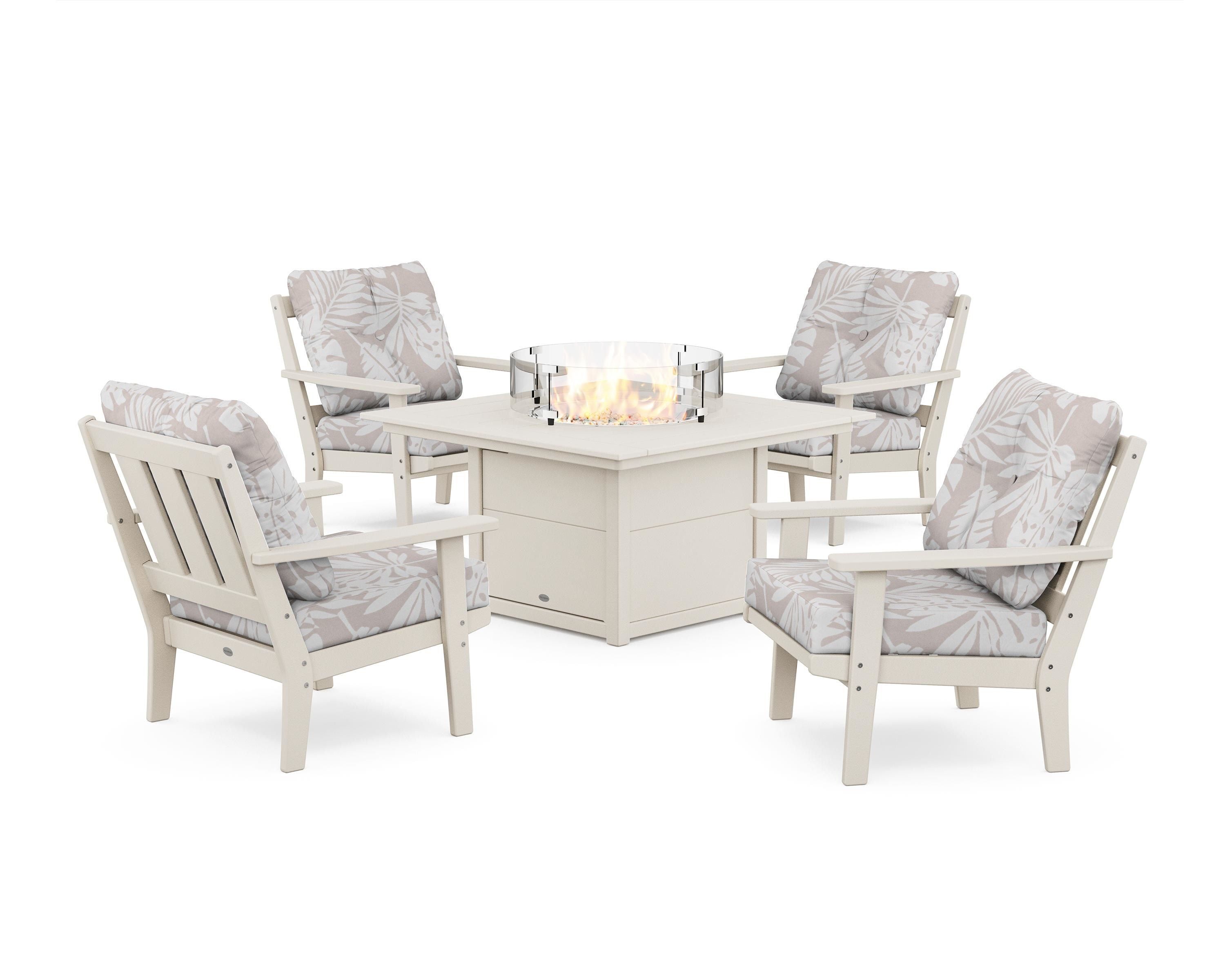 POLYWOOD® Oxford 5-Piece Deep Seating Set with Fire Pit Table in Sand / Leaf Dune Burlap