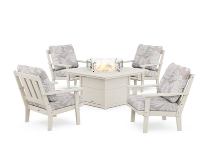 POLYWOOD® Oxford 5-Piece Deep Seating Set with Fire Pit Table in Sand / Leaf Dune Burlap