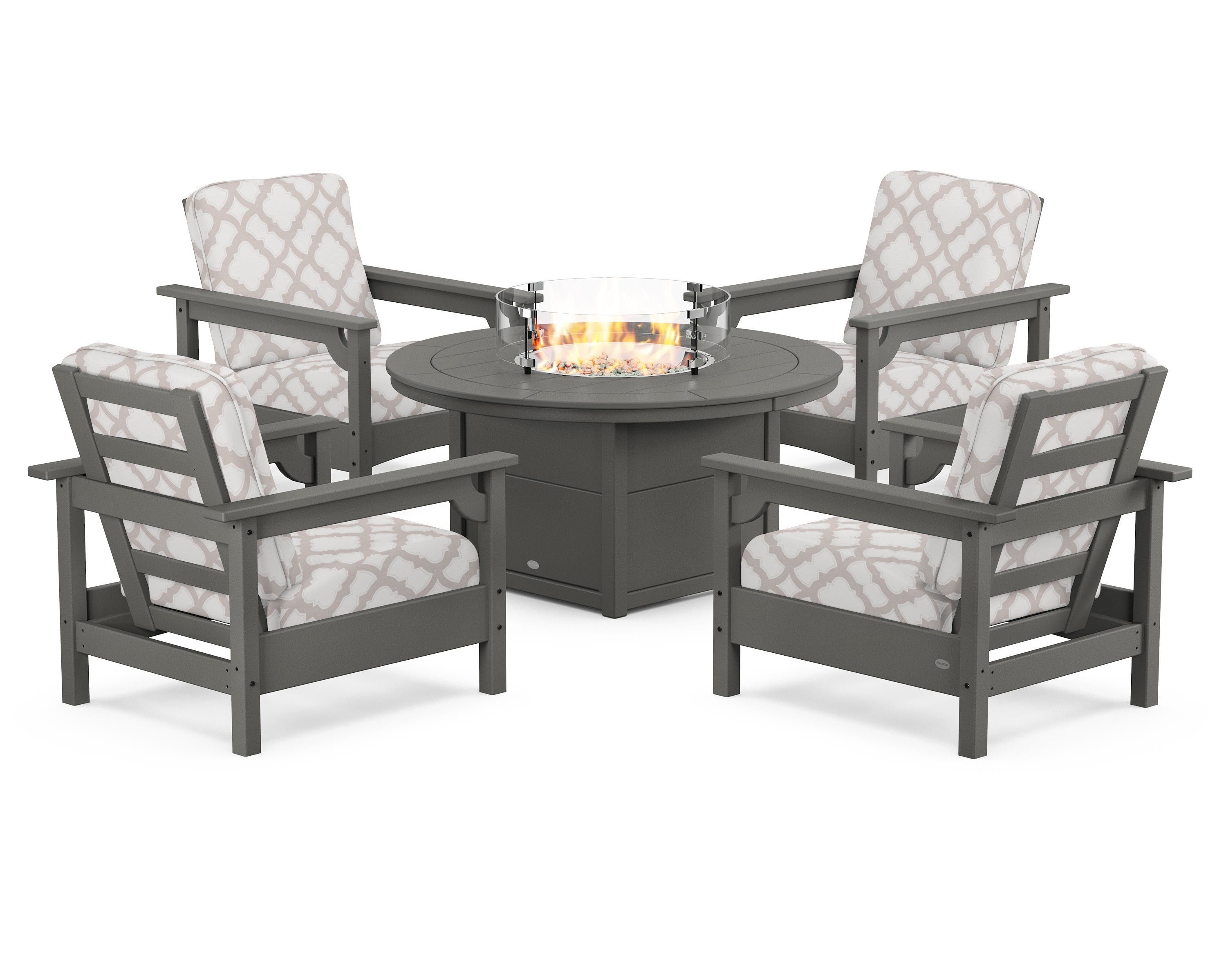POLYWOOD® Club 5-Piece Conversation Set with Fire Pit Table in Slate Grey / Trellis Dune Burlap