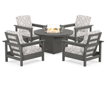 POLYWOOD® Club 5-Piece Conversation Set with Fire Pit Table in Slate Grey / Trellis Dune Burlap