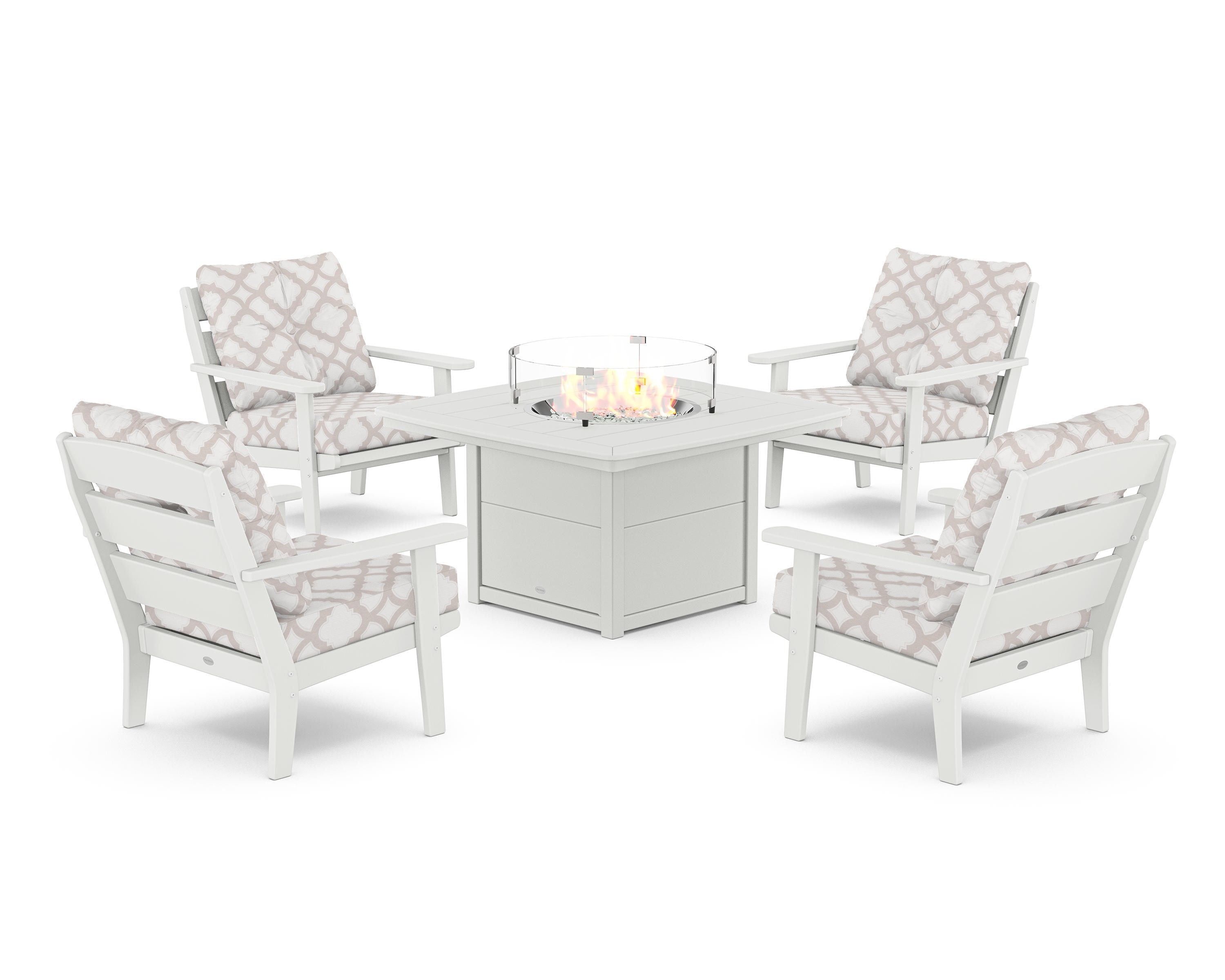 POLYWOOD® Lakeside 5-Piece Deep Seating Set with Nautical Fire Pit Table in White / Trellis Dune Burlap