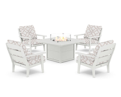 POLYWOOD® Lakeside 5-Piece Deep Seating Set with Nautical Fire Pit Table in White / Trellis Dune Burlap