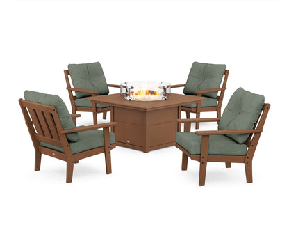 POLYWOOD® Oxford 5-Piece Deep Seating Set with Fire Pit Table in Teak / Cast Sage