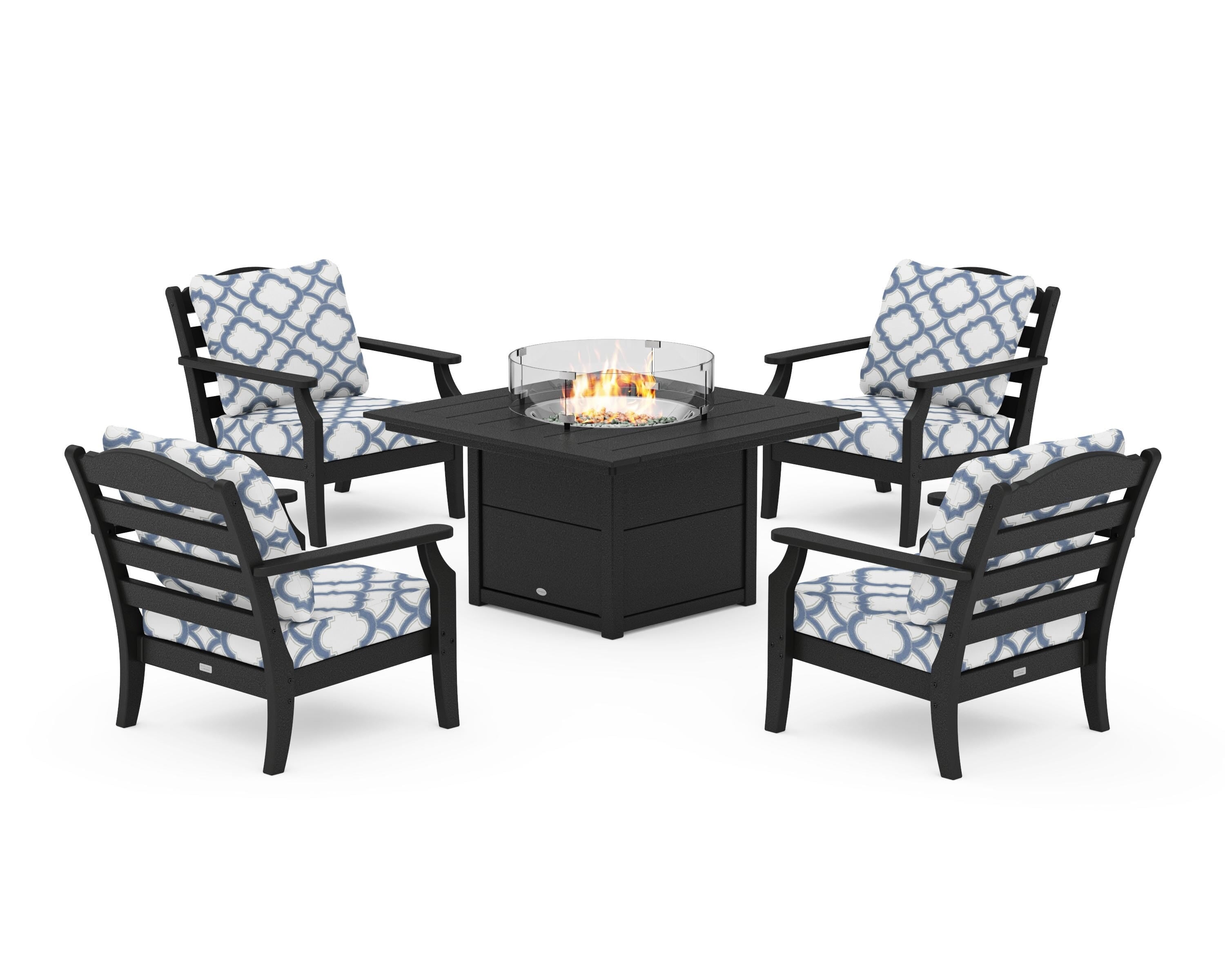 Draper James™ by  POLYWOOD® Savannah 5-Piece Deep Seating Set with Fire Pit Table in Black / Trellis Sky Blue