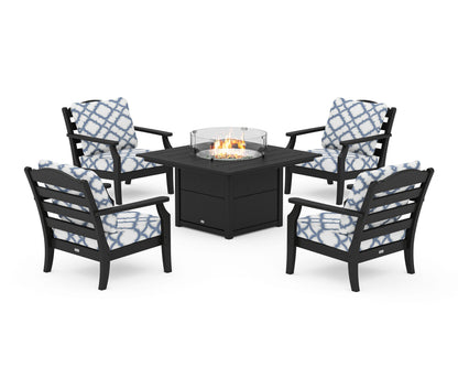 Draper James™ by  POLYWOOD® Savannah 5-Piece Deep Seating Set with Fire Pit Table in Black / Trellis Sky Blue