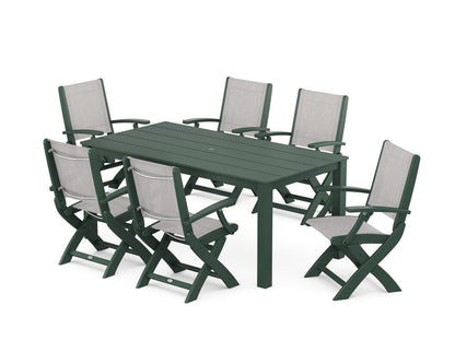 POLYWOOD® Coastal Folding Chair 7-Piece Parsons Dining Set in Green / Parchment Sling