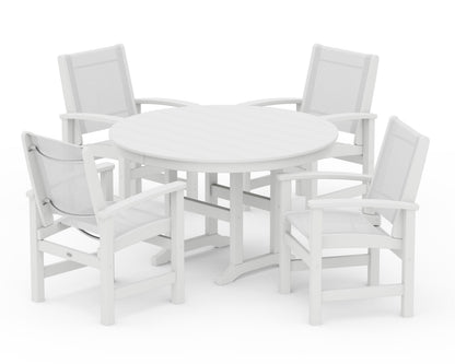 POLYWOOD® Coastal 5-Piece Round Farmhouse Dining Set in White / White Sling