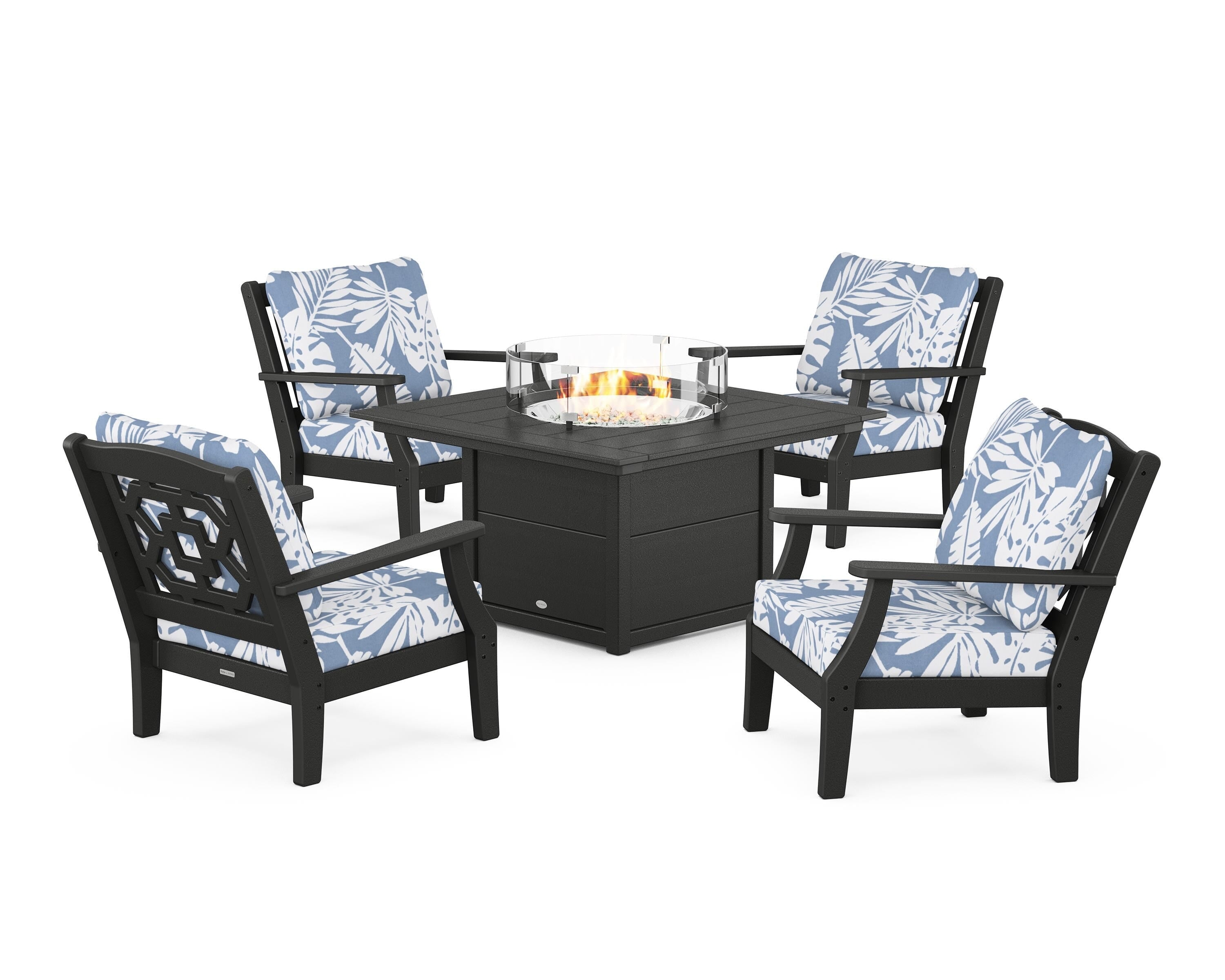Martha Stewart by POLYWOOD® Chinoiserie 5-Piece Deep Seating Set with Fire Pit Table in Black / Leaf Sky Blue