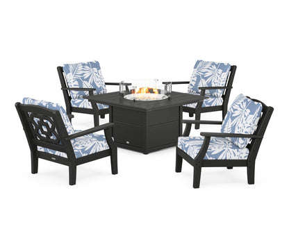 Martha Stewart by POLYWOOD® Chinoiserie 5-Piece Deep Seating Set with Fire Pit Table in Black / Leaf Sky Blue