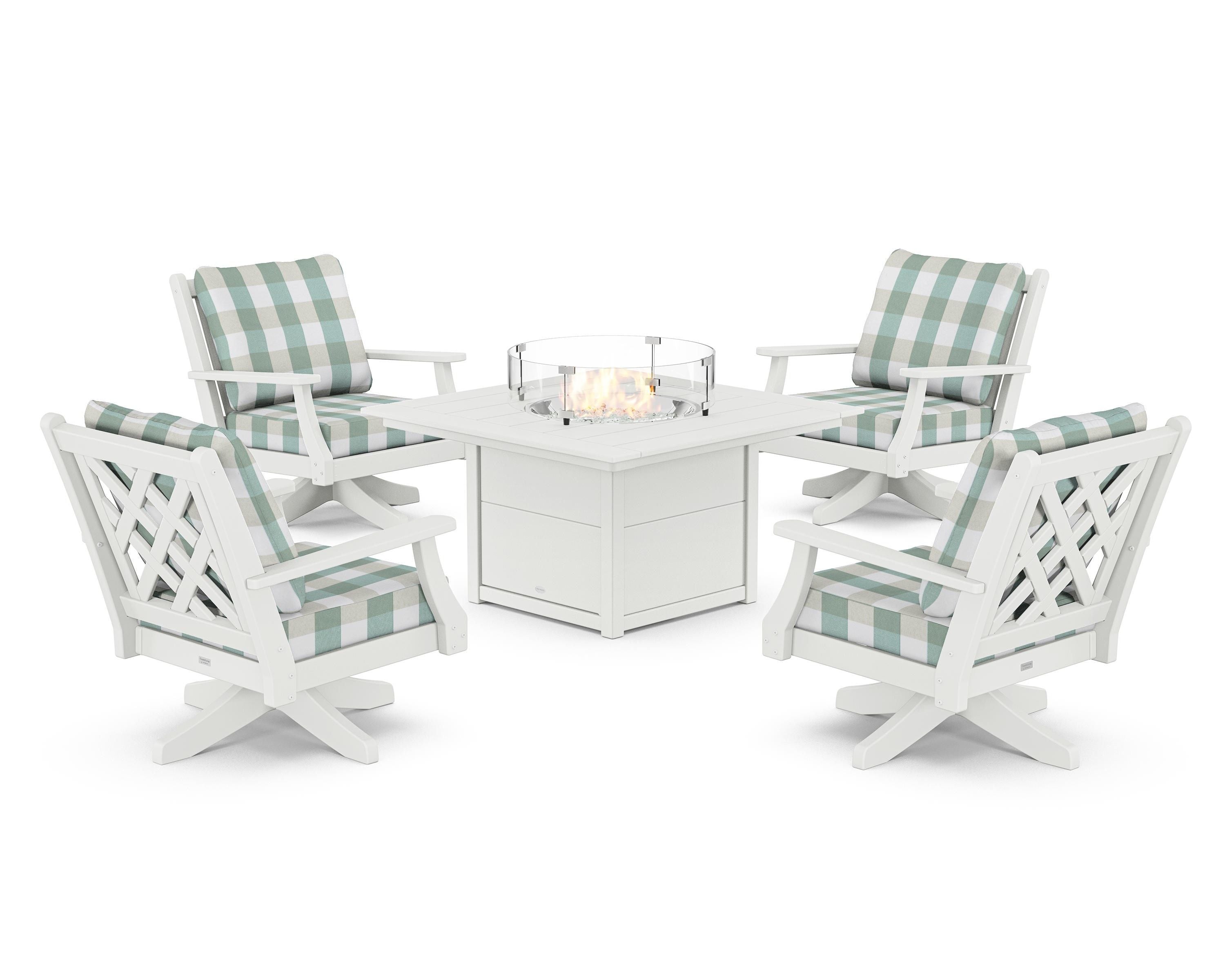Country Living Wovendale 5-Piece Deep Seating Swivel Conversation Set with Fire Pit Table in White / Buffalo Plaid Glacier Spa
