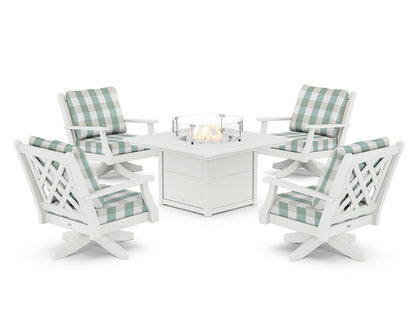 Country Living Wovendale 5-Piece Deep Seating Swivel Conversation Set with Fire Pit Table in White / Buffalo Plaid Glacier Spa