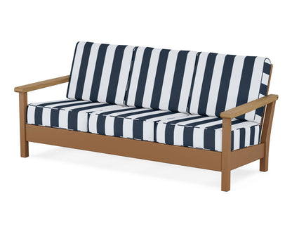 POLYWOOD® Harbour Deep Seating Sofa in Teak / Natural / Cabana Stripe Marine Indigo