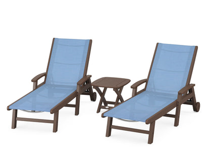 POLYWOOD® Coastal 3-Piece Wheeled Chaise Set in Mahogany / Poolside Sling