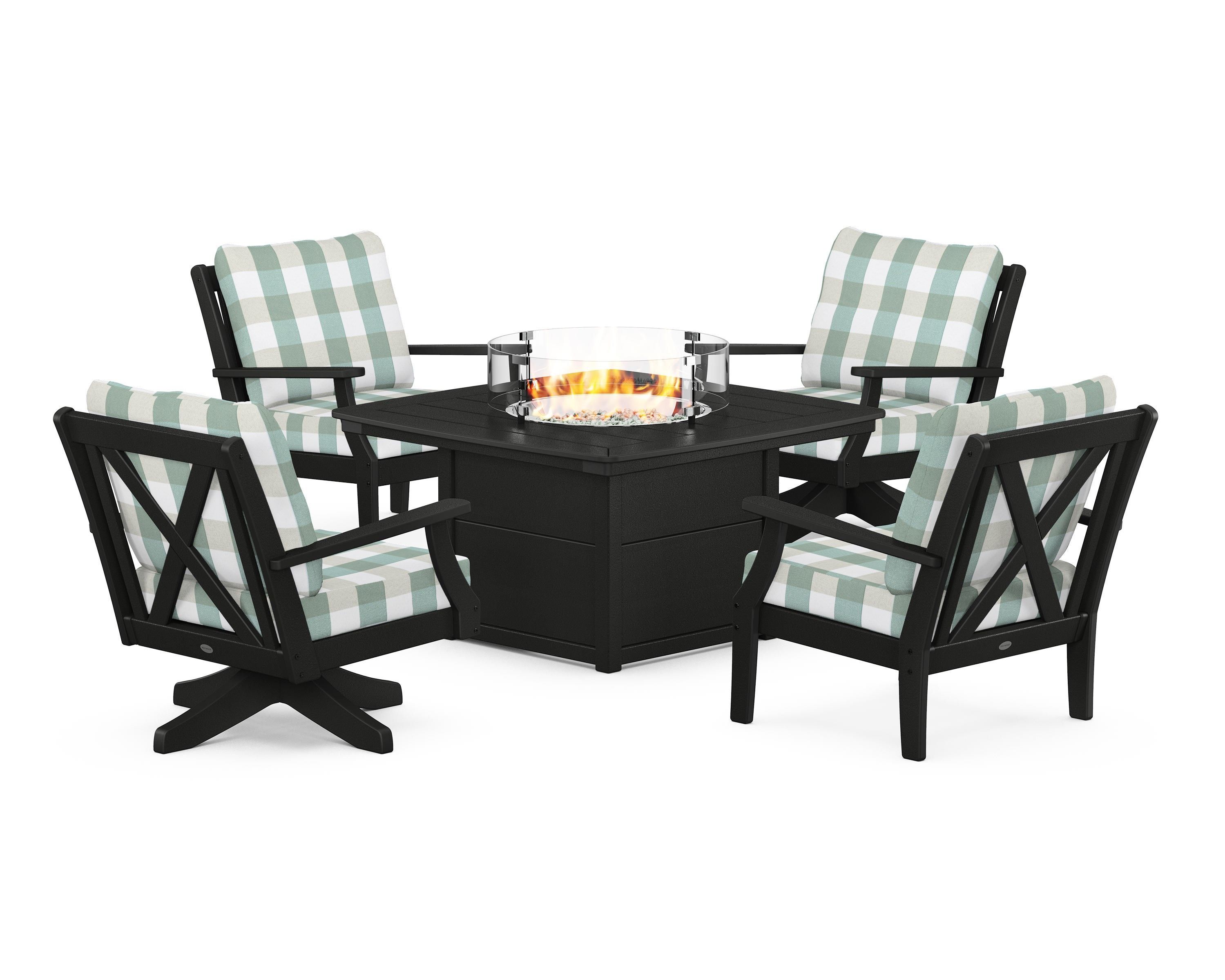 POLYWOOD® Braxton 5-Piece Deep Seating Set with Fire Table in Black / Buffalo Plaid Glacier Spa