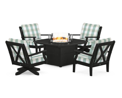 POLYWOOD® Braxton 5-Piece Deep Seating Set with Fire Table in Black / Buffalo Plaid Glacier Spa