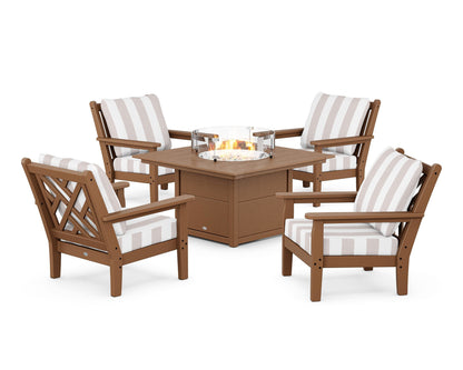 POLYWOOD® Chippendale 5-Piece Deep Seating Set with Fire Pit Table in Teak / Cabana Stripe Dune Burlap