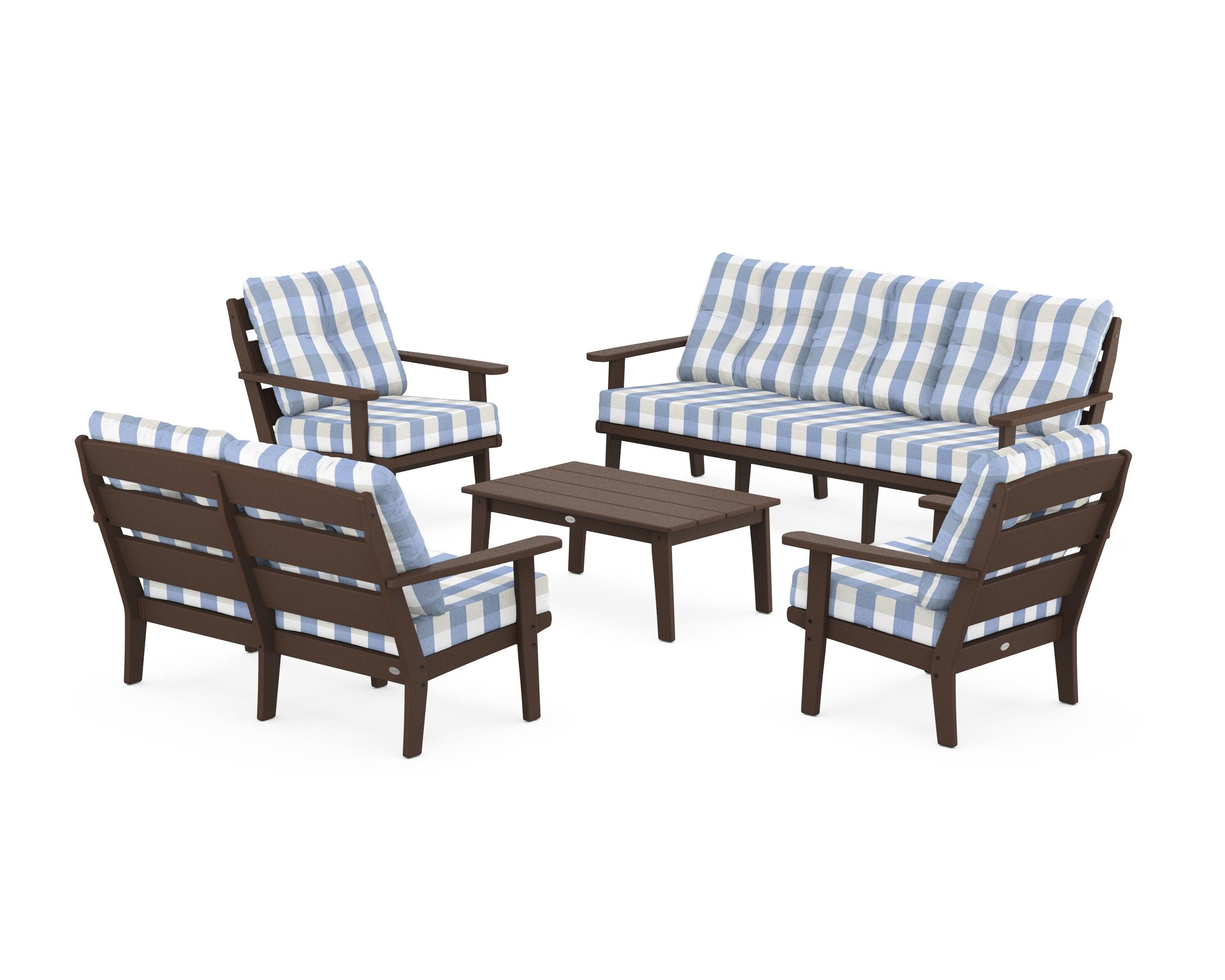 POLYWOOD® Lakeside 5-Piece Lounge Sofa Set in Mahogany / Buffalo Plaid Sky Blue