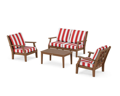 Country Living Wovendale 4-Piece Deep Seating Set with Loveseat in Teak / Cabana Stripe Crimson