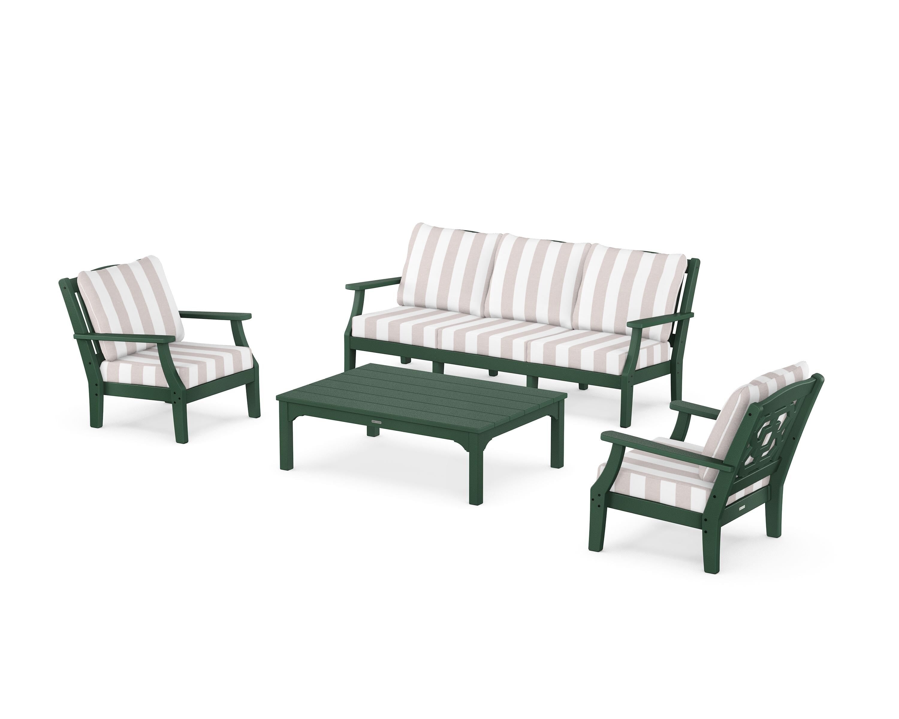Martha Stewart by POLYWOOD® Chinoiserie 4-Piece Deep Seating Set with Sofa in Green / Cabana Stripe Dune Burlap