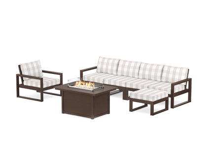 POLYWOOD® EDGE Sectional Lounge and Fire Pit Set in Mahogany / Buffalo Plaid Dune Burlap