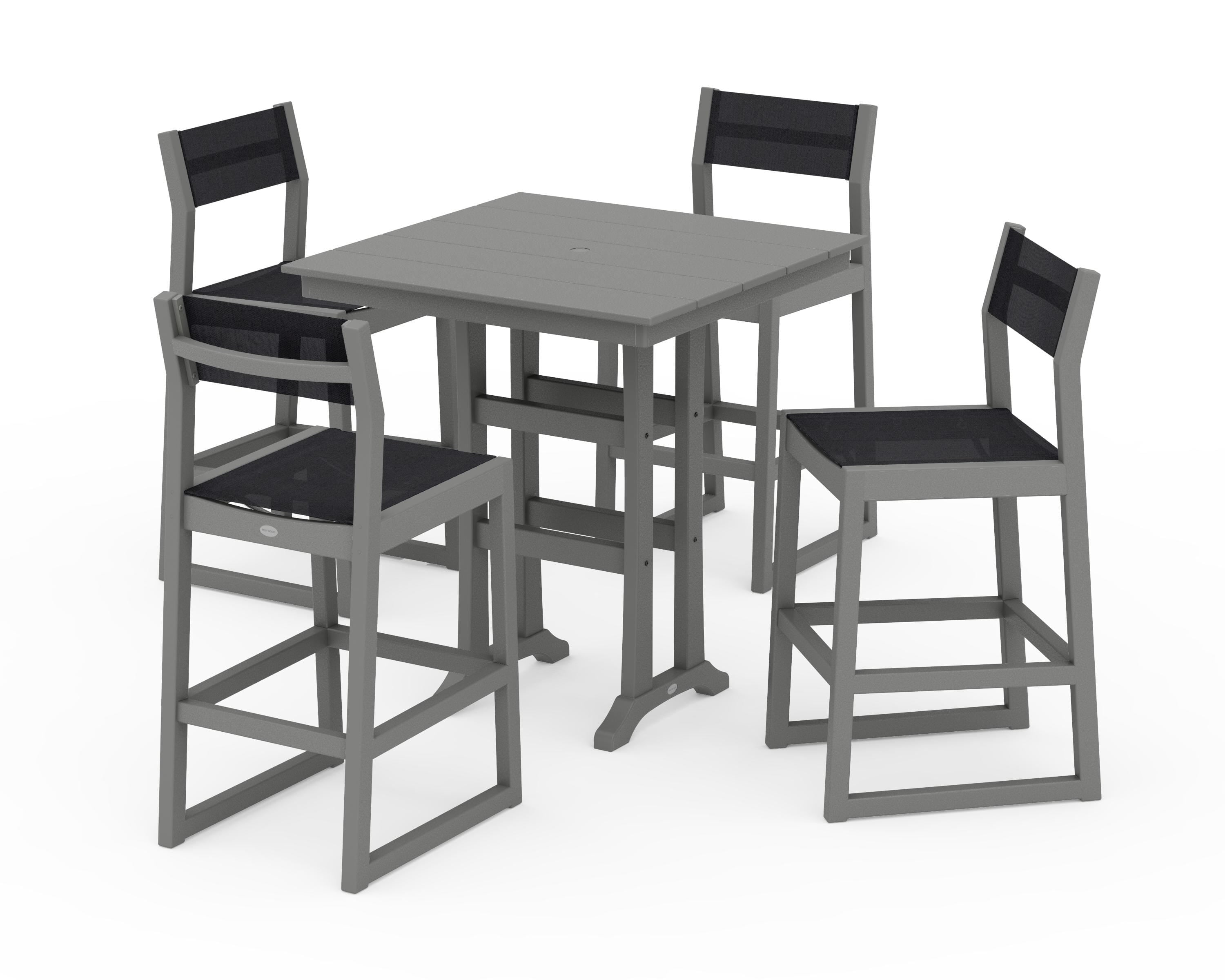 POLYWOOD® EDGE Sling Arm Chair 5-Piece Farmhouse Bar Set with Trestle Legs in Slate Grey / Black Sling