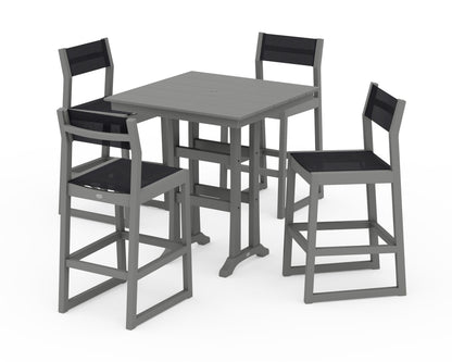 POLYWOOD® EDGE Sling Arm Chair 5-Piece Farmhouse Bar Set with Trestle Legs in Slate Grey / Black Sling