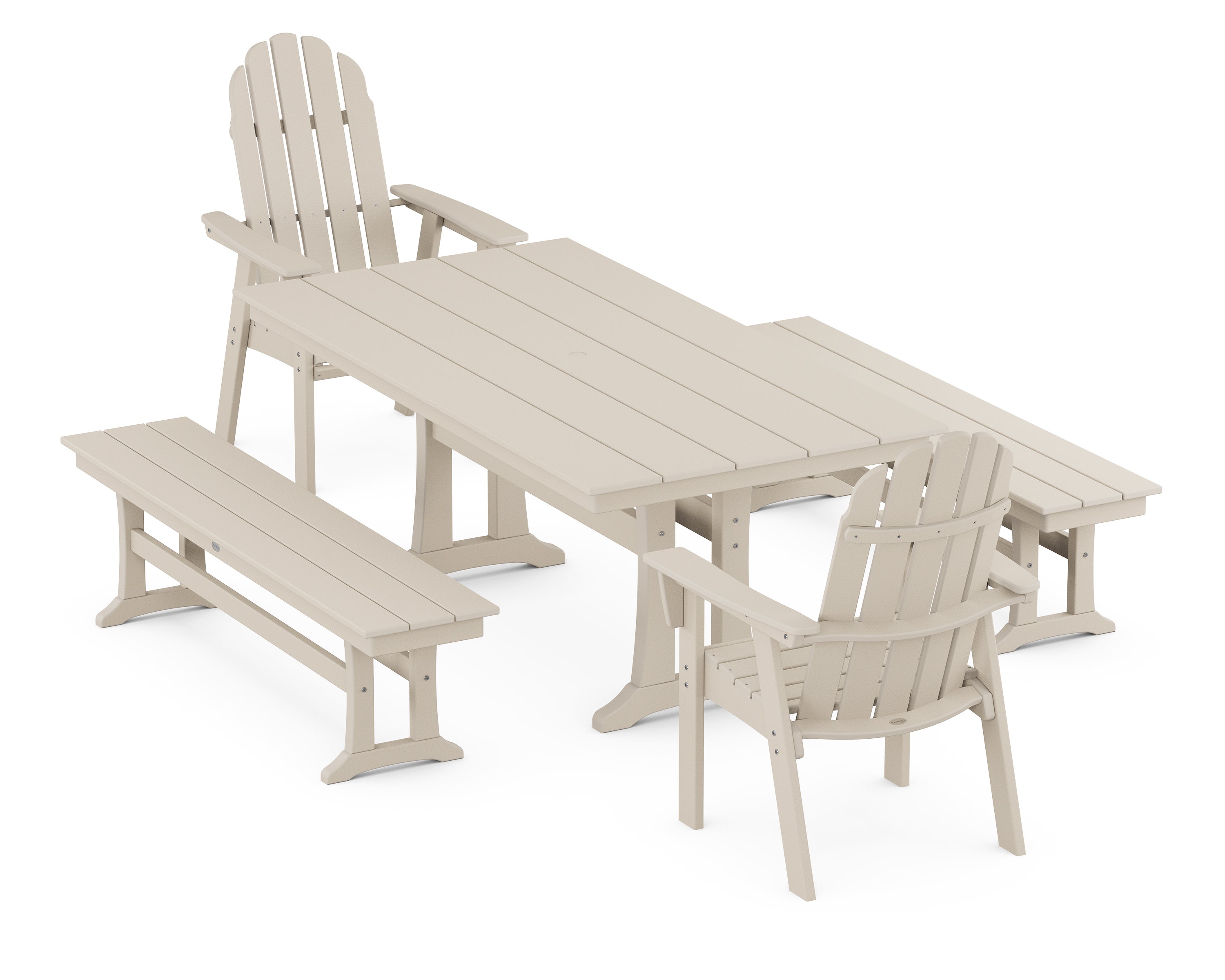 POLYWOOD® Vineyard Adirondack 5-Piece Farmhouse Dining Set With Trestle Legs in Sand