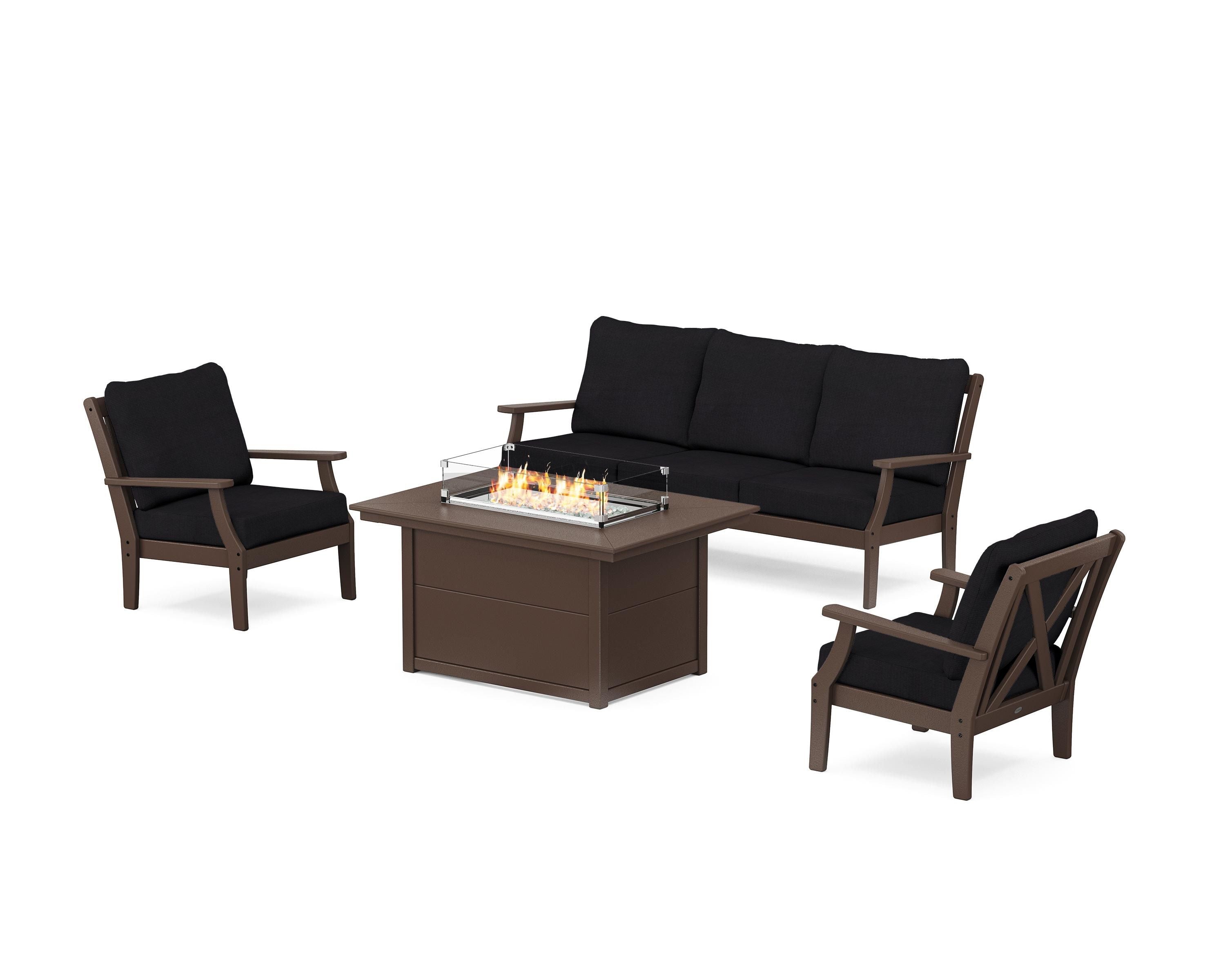 POLYWOOD® Braxton Deep Seating Fire Pit Table Set in Mahogany / Midnight Linen