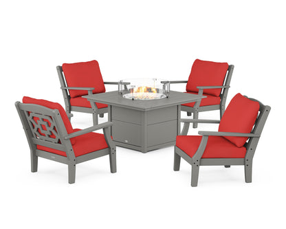 Martha Stewart by POLYWOOD® Chinoiserie 5-Piece Deep Seating Set with Fire Pit Table in Slate Grey / Crimson Linen