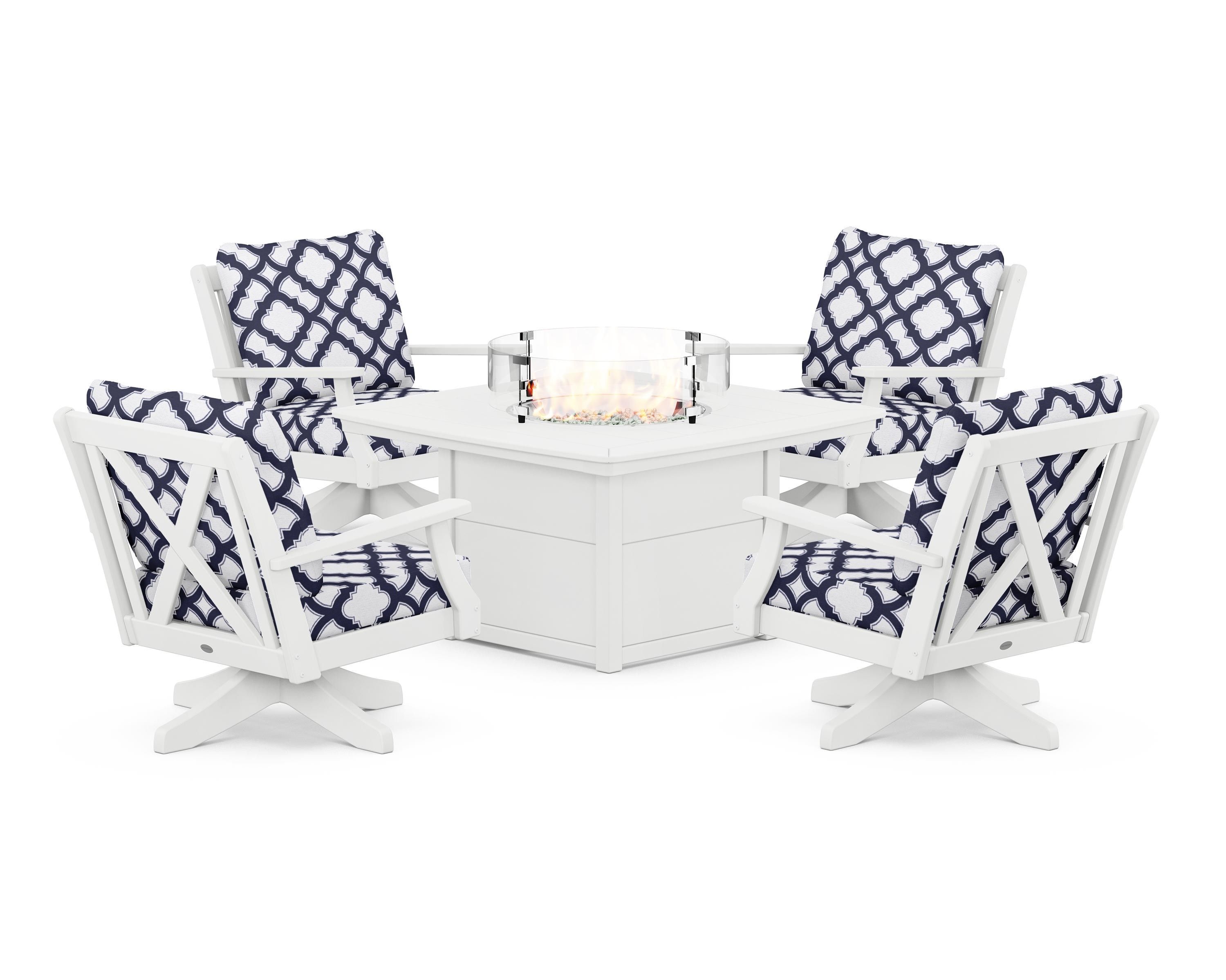 POLYWOOD® Braxton 5-Piece Deep Seating Swivel Conversation Set with Fire Pit Table in White / Trellis Navy