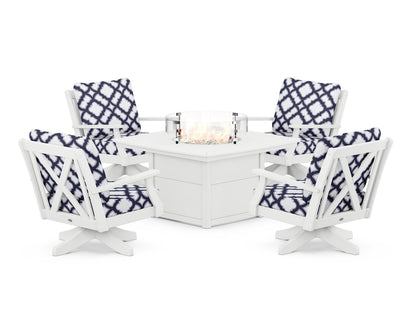 POLYWOOD® Braxton 5-Piece Deep Seating Swivel Conversation Set with Fire Pit Table in White / Trellis Navy