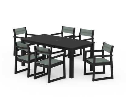 POLYWOOD® EDGE Sling Arm Chair 7-Piece Parsons Dining Set in Black / Dupioni Sea Mist Sling