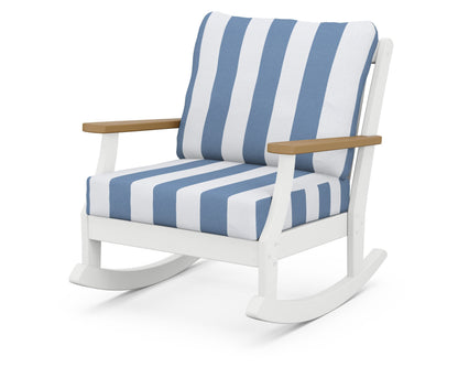 POLYWOOD® Braxton Deep Seating Rocking Chair in White / Natural / Cabana Stripe Sky Blue