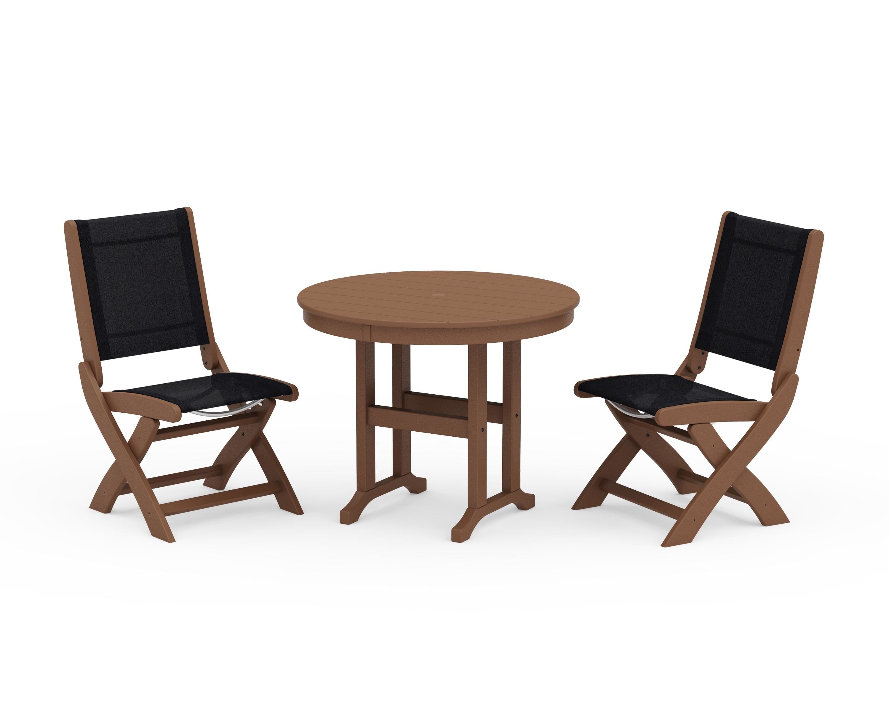 POLYWOOD® Coastal Folding Side Chair 3-Piece Round Dining Set in Teak / Black Sling