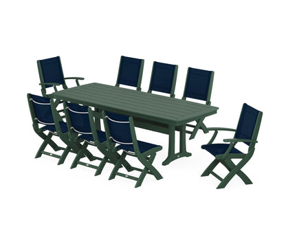 POLYWOOD® Coastal Folding 9-Piece Dining Set with Trestle Legs in Green / Navy Blue Sling