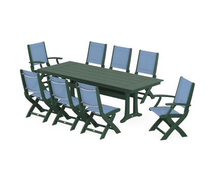POLYWOOD® Coastal 9-Piece Folding Dining Chair Farmhouse Dining Set with Trestle Legs in Green / Poolside Sling