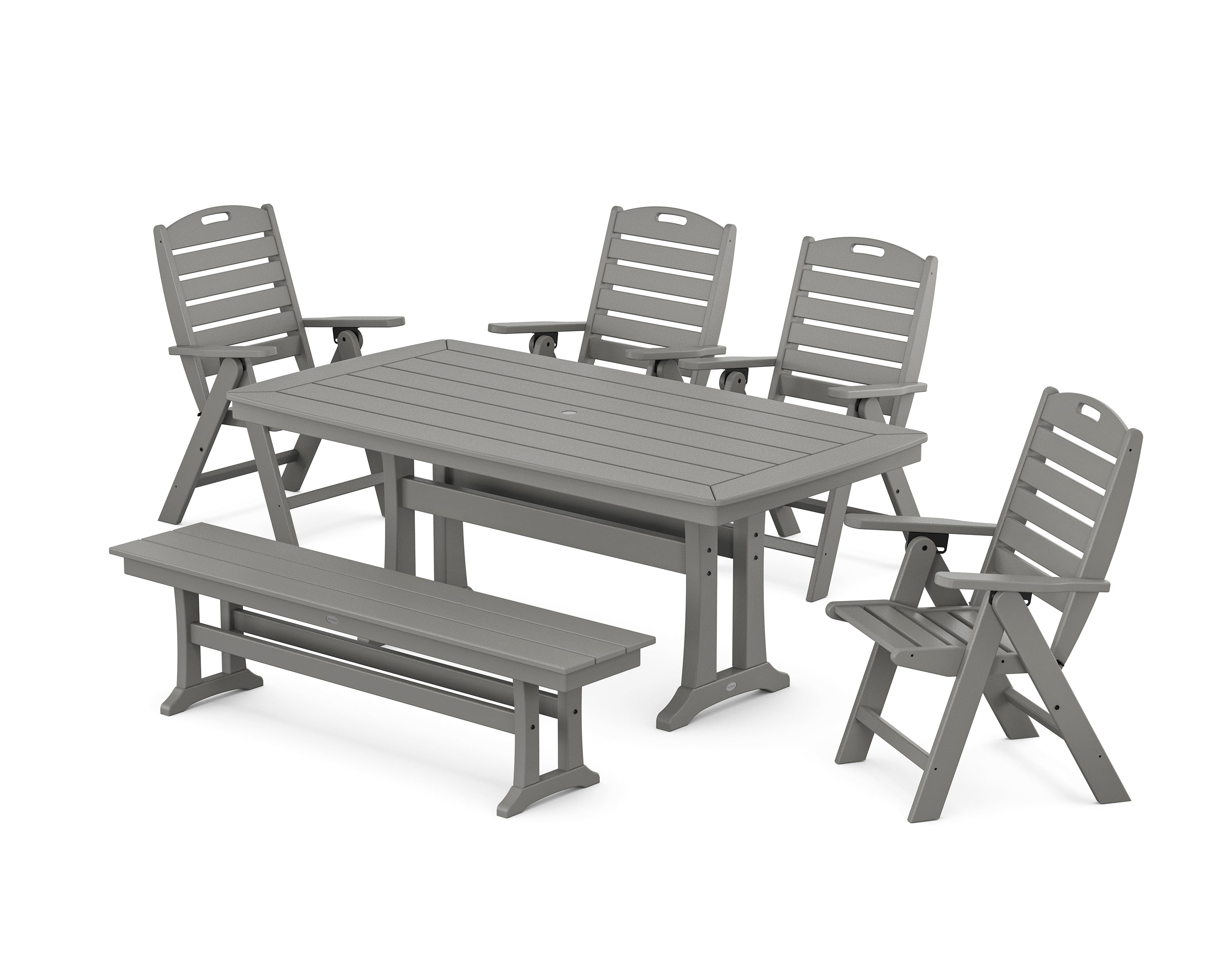 POLYWOOD® Nautical Highback 6-Piece Dining Set with Trestle Legs and Bench in Slate Grey
