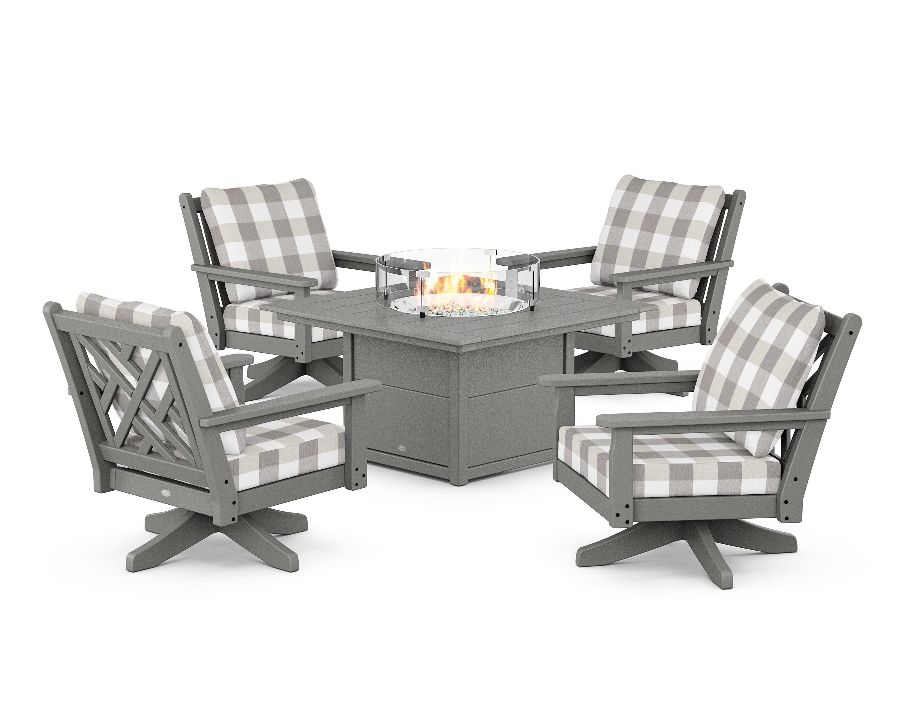 POLYWOOD® Chippendale 5-Piece Deep Seating Swivel Conversation Set with Fire Pit Table in Slate Grey / Buffalo Plaid Grey Mist