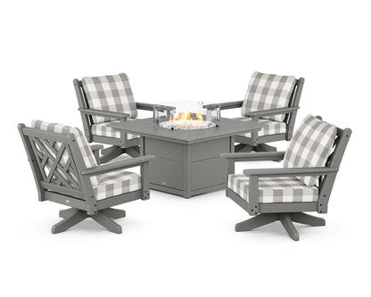 POLYWOOD® Chippendale 5-Piece Deep Seating Swivel Conversation Set with Fire Pit Table in Slate Grey / Buffalo Plaid Grey Mist