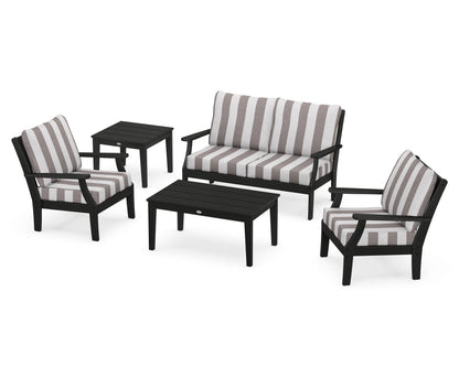 POLYWOOD® Braxton 5-Piece Deep Seating Set in Black / Cabana Stripe Grey Mist