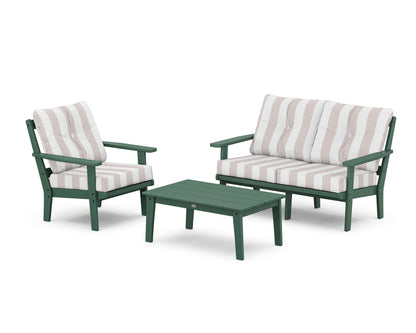 POLYWOOD® Oxford 3-Piece Deep Seating Set with Loveseat in Green / Cabana Stripe Dune Burlap