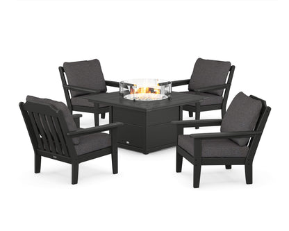 Country Living Cottage 5-Piece Deep Seating Set with Fire Pit Table in Black / Ash Charcoal